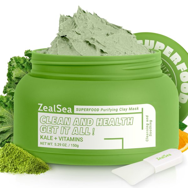 ZealSea Superfood Clay Face Mask: Deep Cleansing Mask for Controlling Oil & Blackhead Removal Pore Cleansing Antioxidant Anti-Aging Hydrating Facial Mask Vegan Skincare 5.29 Oz
