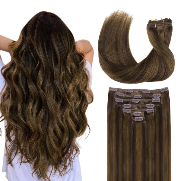 GOO GOO Clip in Hair Extensions Real Human Hair, 26inch 120g 7Pcs, 2C/4E/6C Brown Sugar Swirl Highlights, Remy Human Hair Extensions Clip ins for Women, Natural Human Hair