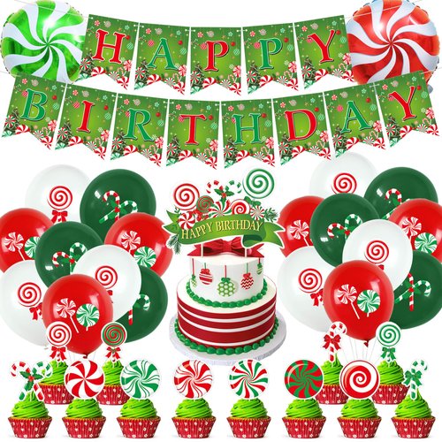 Christmas Birthday Party Decorations Christmas Candy Theme Birthday Banner Candy Cupcake Toppers and Balloons for Christmas Birthday Party Baby Shower Decorations