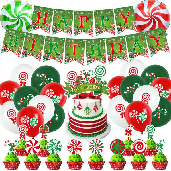 Christmas Birthday Party Decorations Christmas Candy Theme Birthday Banner Candy Cupcake Toppers and Balloons for Christmas Birthday Party Baby Shower Decorations