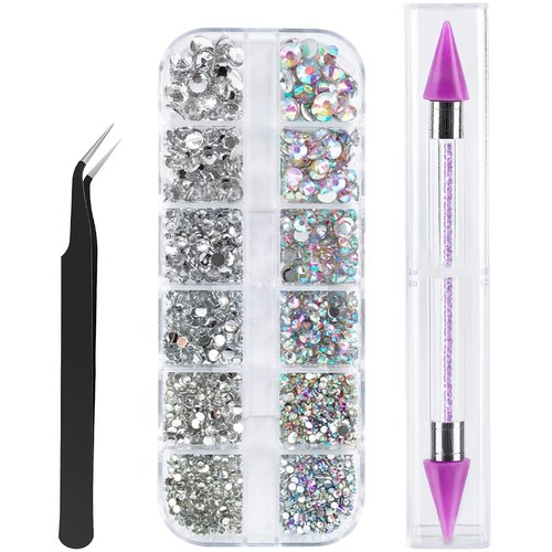 Canvalite 1500PCS Rhinestones Crystal AB Rhinestones for Nail with Pick Up Tweezers and Nail Rhinestone Picker, Nail Art Tools