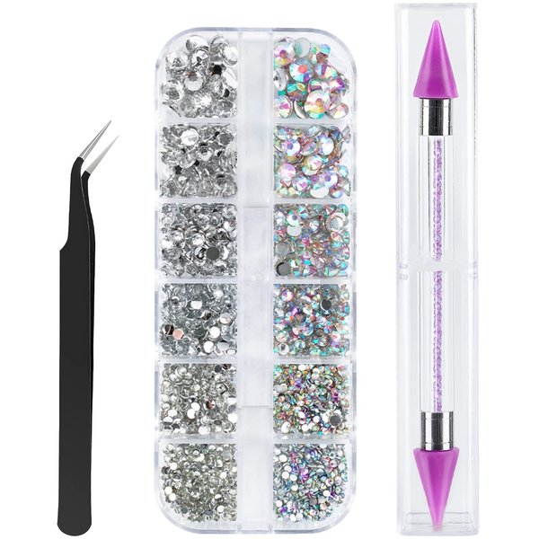 Canvalite 1500PCS Rhinestones Crystal AB Rhinestones for Nail with Pick Up Tweezers and Nail Rhinestone Picker, Nail Art Tools