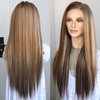 K'ryssma Brown 13x6 Wig Highlight Blonde 13x6 Lace Front Wig Pre Plucked 6 Inch Deep Part Glueless Long Bone Straight Ombre Mixed Brown Synthetic Lace Front Wigs for Women 24 Inches