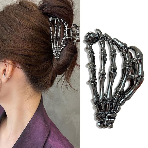 Black Metal Skeleton Hand Hair Claw Clips with Skull Head Design - Strong Hold Jaw Clamps for Women's Halloween Hair Accessories