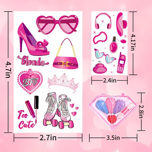 JUNEBRUSHS 15 sheets Pink Temporary Tattoos for Pink Princess Birthday Kiss Tattoos Temporary Pink for Kids Girl Woman Adult Pink Party Supplies with a Makeup Case