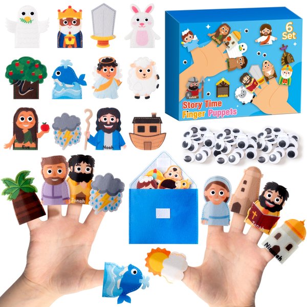 WATINC Bible Story Felt Finger Puppets - 6 Themed Nursery Rhymes Felt Finger Puppets with Movable Eyes, Storytelling Role Play Party Supplies Kindergarten Playtime Early Education for Families