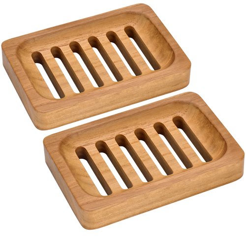 DEBETOOL Teak Wood Soap Dish, 2 Pack Waterproof Self Draining Soap Dish - Natural Wooden Bar Soap Holder for Bathroom and Kitchen