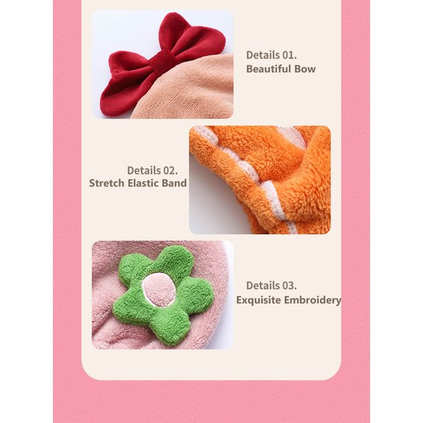 Foyadi Hair Drying Towel for Kids Girls, Cute Cartoon Absorbent Quick Drying Bath Wrap Set for Bathing, Swimming Pool, Soft Microfiber Cap for Curly Long & Wet Hair, Pink Strawberry