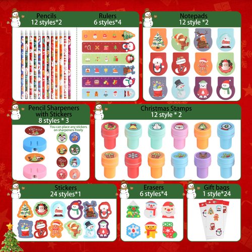 CCINEE 216 Pcs Christmas School Stationary Set for Kids,24 Sets Xmas Party Favors Bulk with Pencils Erasers Treat Bags Stickers for Christmas Goodie Bag Stuffers Gift Exchange Holiday Party Supplies
