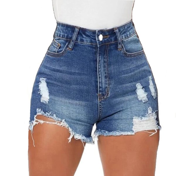 Tunlaud Women High Waisted Ripped Stretchy Hot Jeans Shorts Summer Distressed Frayed Raw Hem Denim Shorts (M, Dark Blue)