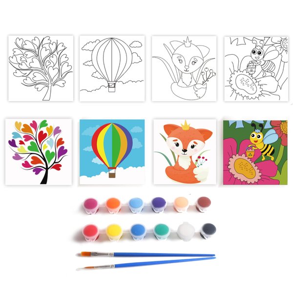Aosemili Acrylic Paint Set for Kids - 4 Pre-Stenciled Painting Canvas Panels 8 x 8 inches with 12 Paints 2 Brushes for Girls Boys and Beginners