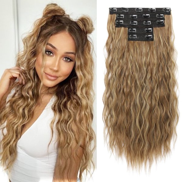 Clip in Hair Extensions, REECHO 5PCS Brown Hair Extensions 24" Thick Long Loose Waves hair extensions HE002 Invisible Lace Weft Natural Soft Hairpieces for Women – Light Brown with Blonde Highlights