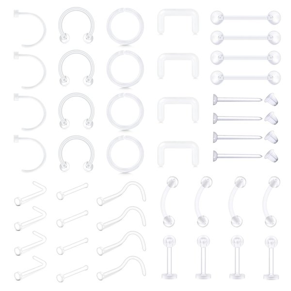 TOKRING Clear Piercing Retainer Clear Nose Studs Nose Rings Plastic Septum Retainer Lip Ear Eyebrow Tongue Nipple Cartilage Rook Daith Industrial Bar Piercing Jewelry for Work Surgery