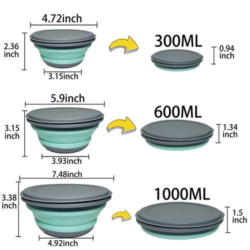 RMAMSCOV Camping Bowl, 3 PCS Food Grade Silicone Collapsible Bowl Lunch Box Salad Bowl with Lid, Expandable Food Storage Containers Set with Free folding tableware and storage bag (Blue)