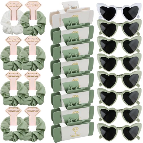 24pcs Bridesmaid Scrunchies Proposal Gifts 4.1inch square Hair Claws Bachelorette Hair Clip heart sunglasses Girls gift for Wedding Party Favors(White&Sage Green)