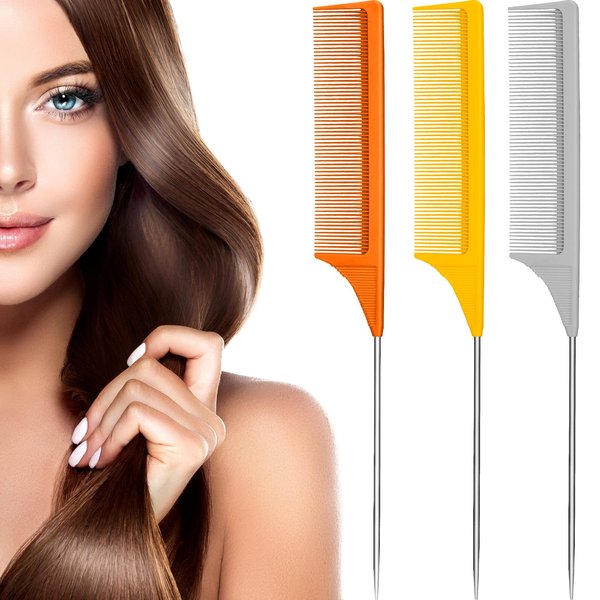3 Packs Rat Tail Comb Steel Pin Rat Tail Carbon Fiber Heat Resistant Teasing Combs with Stainless Steel Pintail (Orange, Ginger, Grey)