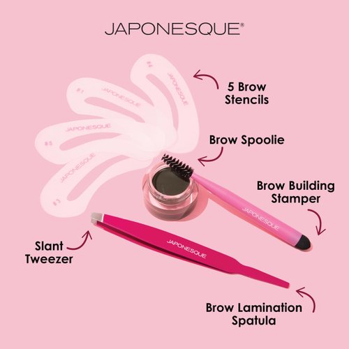 JAPONESQUE Brow Builder Kit, Includes Brow Lamination Spatula with Tweezers, 5 Brow Stencils and Brow Brush for Application of Gels, Waxes and Eyebrow Makeup
