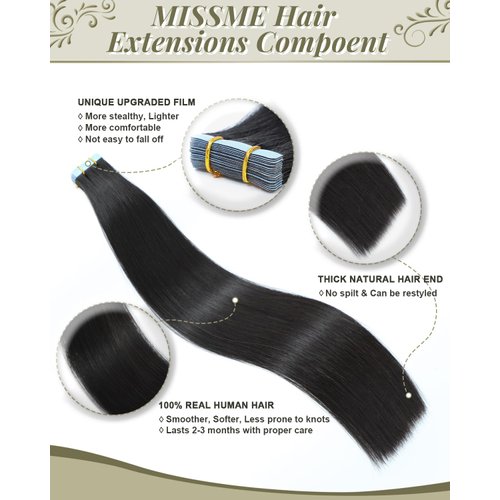 Missme Tape In Hair Extension Human Hair,20ins 20pieces 50g Tape On Hair Extensions 100% Real Remy Human Natural black Hair For Women