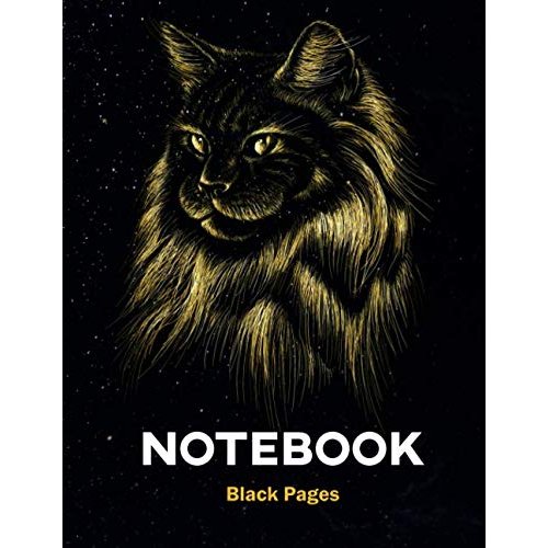 Black pages Gold cat Soft notebook: Lined Notebook / Journal Gift, 100 Pages, 8x5, White ink and Gel pens Journaling at School and Home