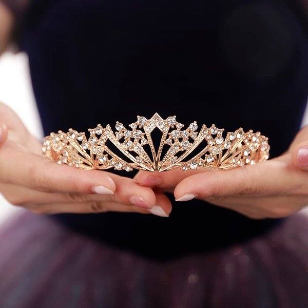 JWICOS Crystal Tiaras and Crowns for Women Wedding Tiara Headpiece for Bride Bridal Headband Hair Accessories Princess Tiara for Birthday Pageant Prom Party (Gold)