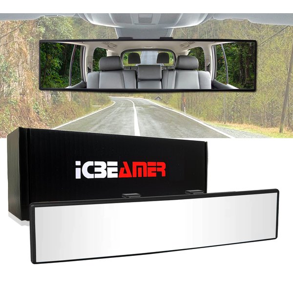 ICBEAMER 10.6" Car Rear View Mirror, HD Clear Tint, Panoramic Wide Angle Convex Surface, 2 Interior Retractable Rubber Clips, Anti Glare, Automotive Accessories Universal for Truck, Car, SUV, 1 Pack