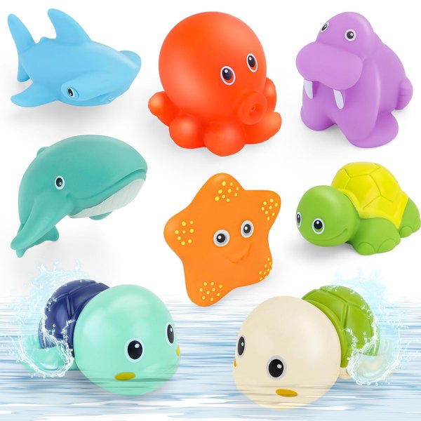 Bath Toys for Kids Ages 1-3, Silicone Bath Toys with Organizer 8pcs Bathtub Toys for Toddlers 2-4 Boys Girls Swimming Turtle Wind Up Toys Water Pool 0-6-12-18 Christmas Shower Gifts