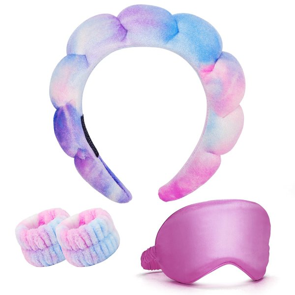 CAVETEE Spa Headband With Sleep Eye Mask Set, Spa Party Decorations Bubble Headband Thick Sponge Headband with Strong Water Absorption for Makeup Removal Skincare Shower (Tie Dyed)
