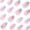 RUOKEXIN Almond Press on Nails Medium Fake Nails Pink False Nails with 3D Pink Flower Designs Nail Press ons French Tip Handmade Acrylic Artificial Nails Summer Natural Stick on Nails for Women 24Pcs