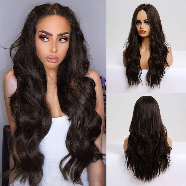 piaou Dark Brown Wig Long Wavy Synthetic Wigs for Women Natural Wavy Heat Resistant Hair Brunette Wigs Cosplay Costume Party Wig (Dark Brown)