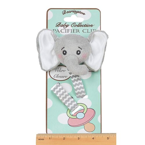 Bearington Collection Baby Pacifier Holder Clip for Baby Girls & Boys | Lil’ Spout Plush Gray Elephant Binkie & Paci Clip | Non Silicone | Satin Leash, Strap, & Binky Clip
