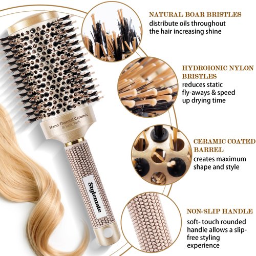 STYLEMATE Round Brush for Blow Out, Nano Thermal Ceramic & Ionic Tech, 2.1 Inch Barrel, Boar Bristles, Roller Brush for Blow Drying and Styling, Gold, Hair Brush for All Hair Types