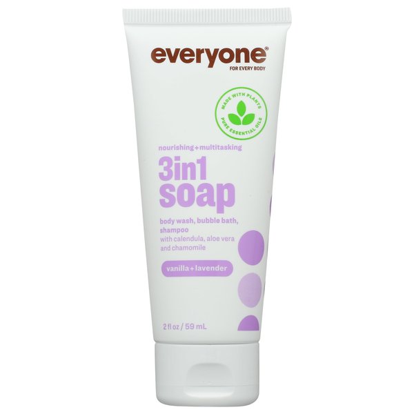 Everyone for Every Body 3-in-1 Soap Travel Size, Body Wash, Bubble Bath, and Shampoo, Vanilla and Lavender, 2 Fl Oz- (Container May Vary)