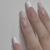 Foccna Coffin White Press on Nails Flower Fake Nails Long Acrylic Fake Nails Rhinestone French Nails Beautiful Nails for Women Girls -24Pcs