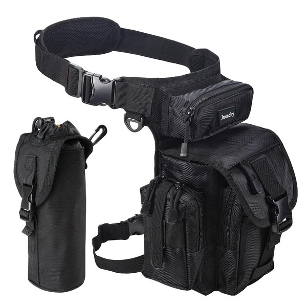 Jueachy Drop Leg Bag for Men Tactical Metal Detecting Thigh Pack with Water Bottle Pouch Black
