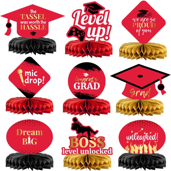 KatchOn, Red and Gold Graduation Centerpieces 2024 - Pack of 9, Graduation Honeycomb Centerpieces | Red and Gold Graduation Table Decorations for Graduation Decorations Class of 2024 Red and Gold