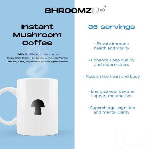 Shroomzup Mushroom Coffee Instant with 10 Mushrooms - 35 Servings with Reishi, Lion's Mane, Chaga, Turkey Tail, Cordyceps Mushrooms - Superfood Nootropic Coffee - Shrooms Instant Coffee Vegan for Energy