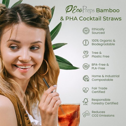 EcoPreps 5” Short Biodegradable Bamboo Fiber Cocktail Straws | 200 Count, 100% Compostable, Plastic-Free, Eco-Friendly Drinking Straws | 5-Inch, Heat-Resistant PHA Coffee and Cocktail Stirrers (Black)