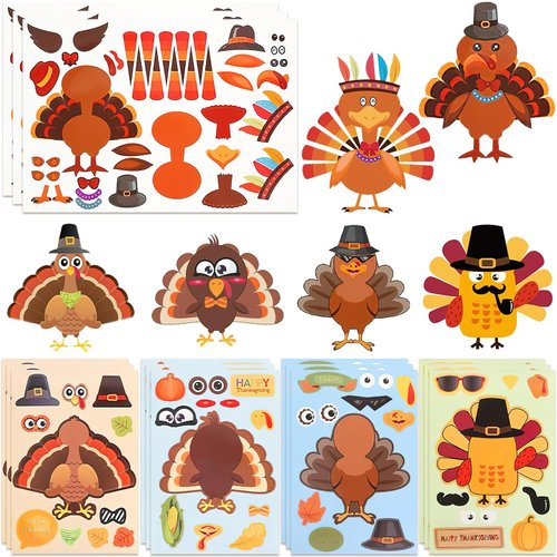 Koogel 15 PCS Thanksgiving Make-A-Turkey Stickers, Party Favors Supplies Stickers for Kids, Make Your Own Thanksgiving Turkey Stickers, Turkey Games Crafts Stickers Autumn Fall Harvest Decorations