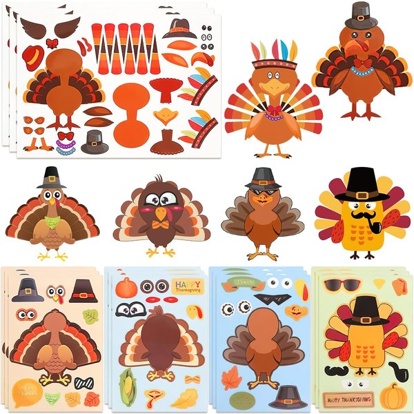 Koogel 15 PCS Thanksgiving Make-A-Turkey Stickers, Party Favors Supplies Stickers for Kids, Make Your Own Thanksgiving Turkey Stickers, Turkey Games Crafts Stickers Autumn Fall Harvest Decorations