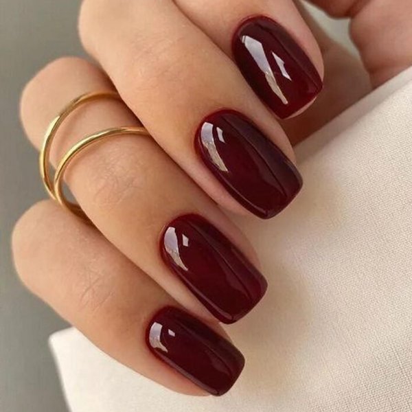 GLAMERMAID Red Press On Nails Medium Square, Handmade Jelly Soft Gel Fake Nails Set, Deep Burgundy Short False Nail Dark Red Stick on Nails, Reusable Acrylic Black Glue on Nail Kit for Women Girl Gift