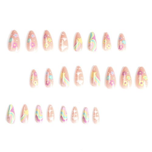 BAOYAALIN Medium Press on Nails Almond Shaped Fake Nails with Rainbow Star Design Full Cover False Acrylic Glue Stick on Nail for Women Girls 24Pcs