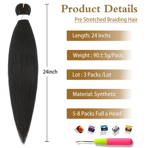Pre Stretched Braiding Hair 24 Inch 3 Packs Natural Black Braiding Hair for Professional Braiding Hair Extensions Synthetic Fiber Crochet Braids for Twist (24 Inch(Pack of 3), 1B#)