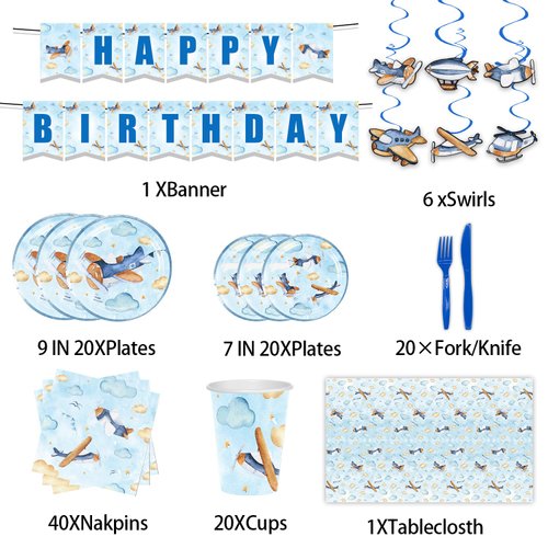 148Pcs Airplane Themed Birthday Party Supplies Include Disposable Paper Plates-Paper Cups-Paper Napkins-Forks-Knives-Tablecloth-Banner-Single Spirals With Cards for Airplane Party Decorations