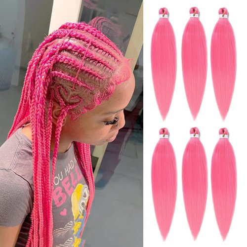 Pink Braiding Hair Pre Stretched 26 Inches Pink EZ Braids Professional Yaki Texture Synthetic Braiding Hair 6 Pcs/Lot Hot Water Setting for Box Braids Hair Extensions(#Pink)