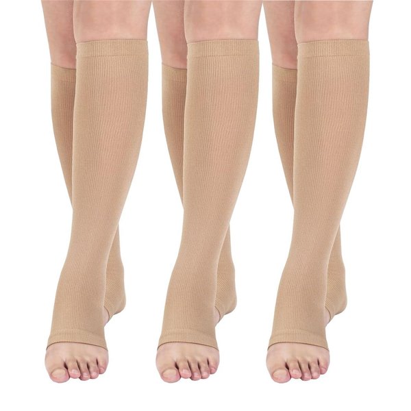 Open toe Toeless Compression Socks 3 Pairs for Women Men 15-20 mmHg Support Running Travel Pregnancy(S/M, Nude)