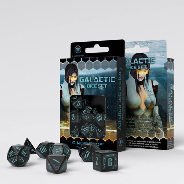Q-Workshop Galactic Black & Blue RPG Ornamented Dice Set 7 Polyhedral Pieces,QWOGAL67