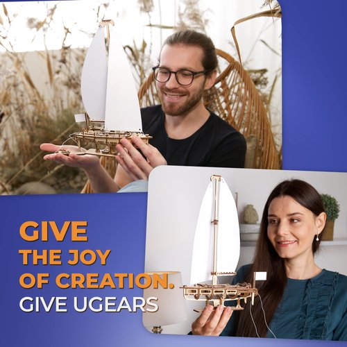 UGEARS Ocean Beaty Yacht 3D Wooden Puzzle - Wooden Mechanical Model Kit to Build - DIY Puzzle Boat with Paper Sails - Brain Teaser Building Set for Adults