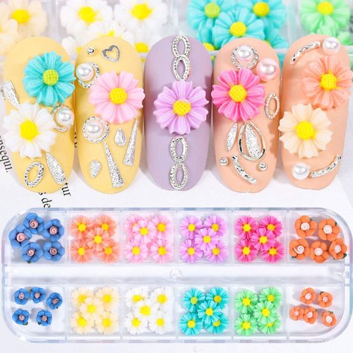 Diasy Nail Art Charms 60 PCS Flower Nail Art Decal Colorful Daisy Blossom Designs Decoration Resin Nail Art Jewelry for Women DIY Manicure Tips
