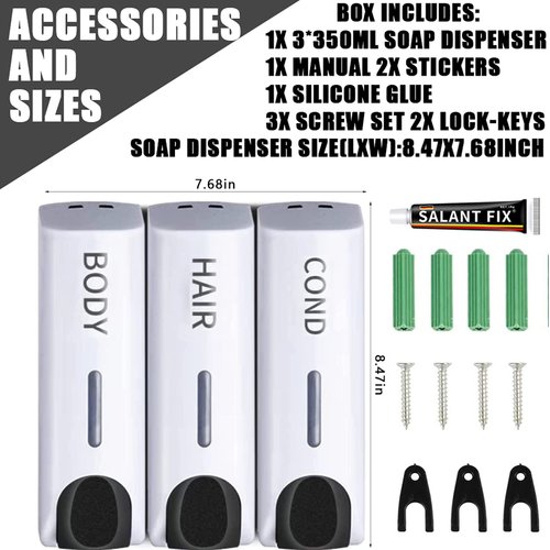 3 in 1 Shower Soap Dispenser, Drill Free Shampoo and Conditioner Dispenser, Shampoo Dispenser Wall Mount, Shower & Shampoo Pump for Hotel, Home, Shopping Mall