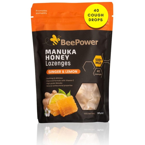 BeePower All Natural Manuka Honey Lozenges | Cough Drops For Soothing Dry, Sore Throat | Contains 40 Lozenges Ginger Lemon Flavor | MGO 500+ 6.7 Oz